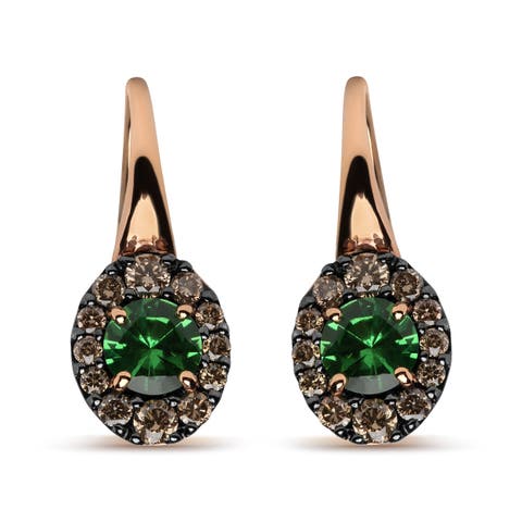 18K Rose & White Gold 3/8 Ct Diamonds & Tsavorite Gemstone Halo Drop Hoop Earrings