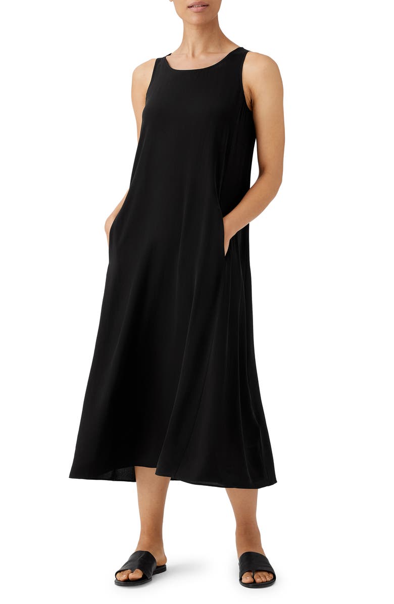 Eileen Fisher Scoop Neck Silk Georgette Midi Dress, Main, color, Black