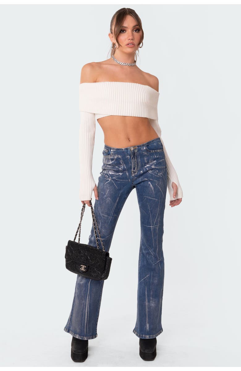 EDIKTED Metallic Coated Low Rise Flare Jeans, Alternate, color, 