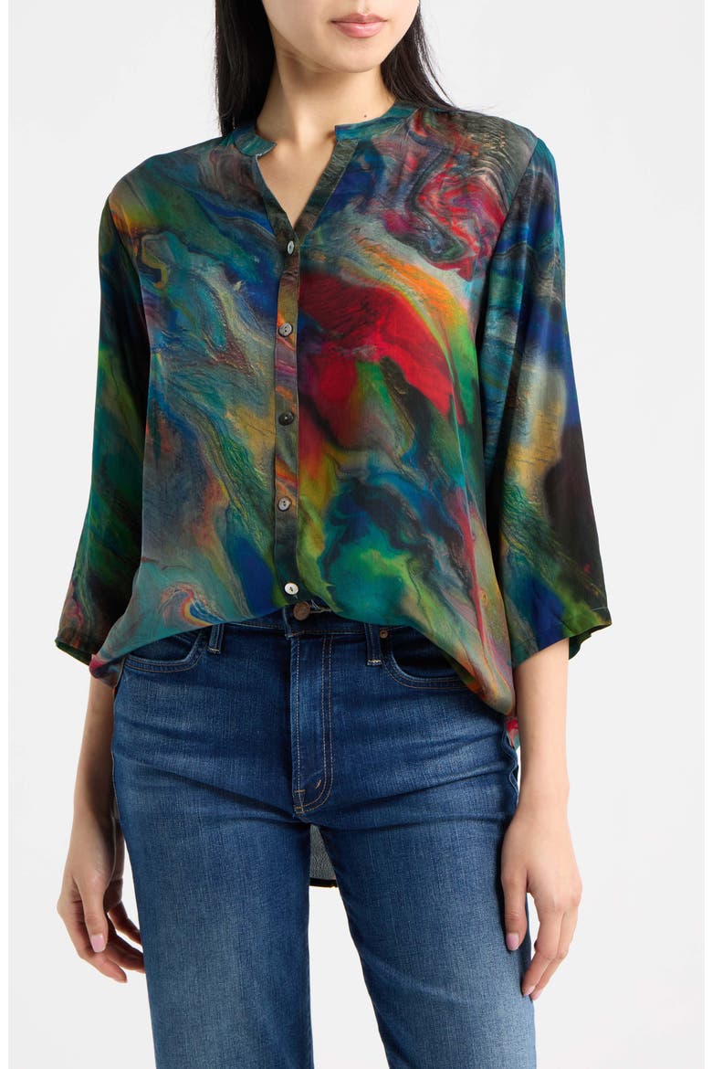 Mandarin Collar Button-Up Shirt, Main, color, EMERALD AUORA MULTI
