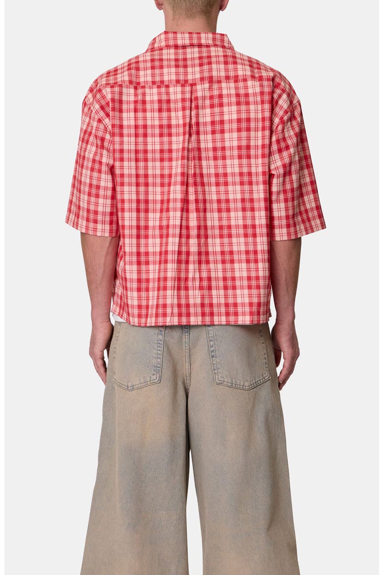 Plaid Crop Short Sleeve Cotton Flannel Button-Up Shirt, Alternate, color, RED