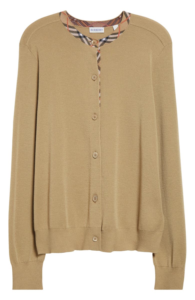 Burberry Check Trim Wool Cardigan, Alternate, color, Flax