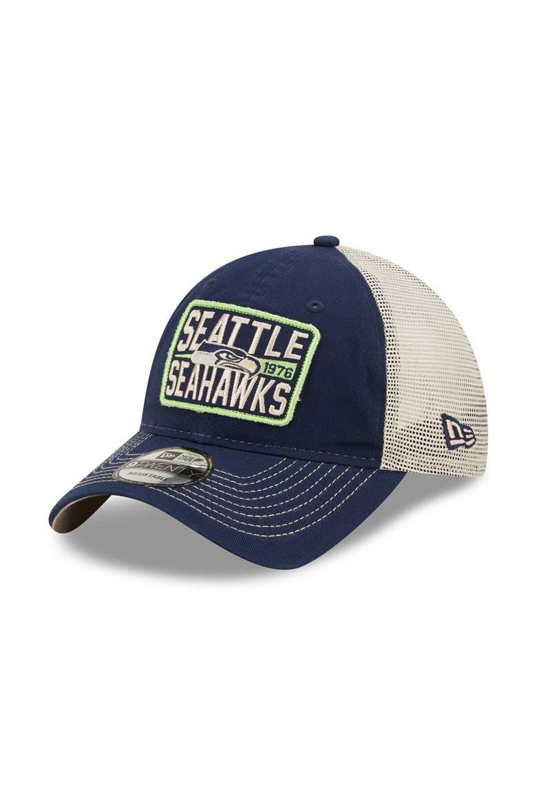 Men's New Era College Navy/Natural Seattle Seahawks  Devoted Trucker 9TWENTY Snapback Hat, Main, color, Navy