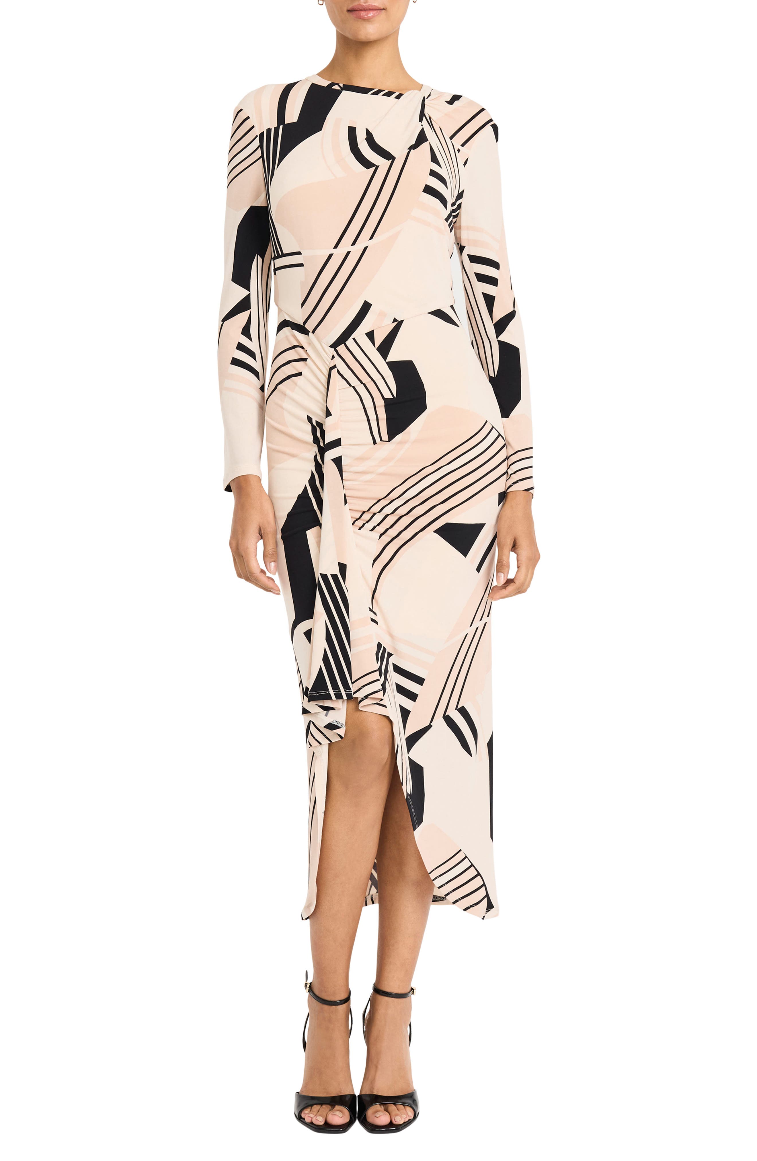 Maggy London Geo Print Long Sleeve Asymmetric Midi Dress