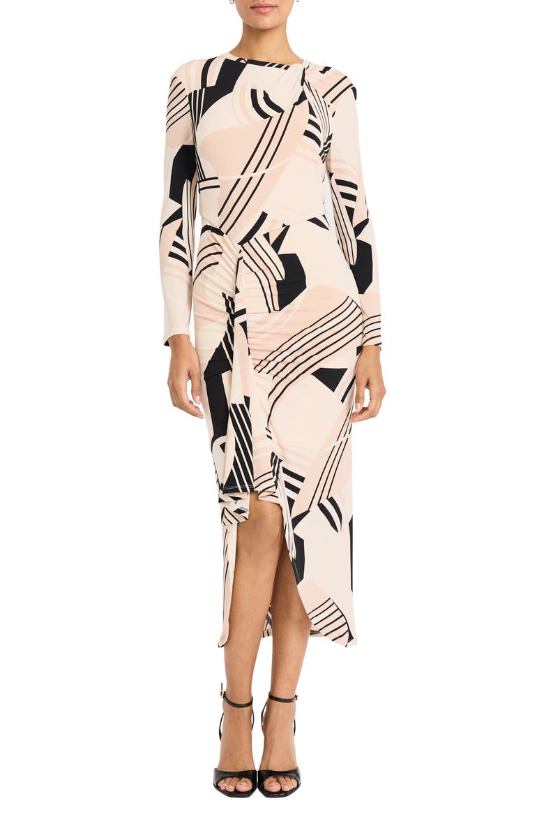 Geo Print Long Sleeve Asymmetric Midi Dress, Main, color, CREAM/ BLACK