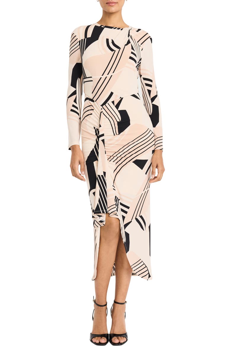 Maggy London Geo Print Long Sleeve Asymmetric Midi Dress, Main, color, Cream/ Black