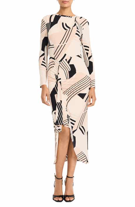 Maggy London Geo Print Long Sleeve Asymmetric Midi Dress