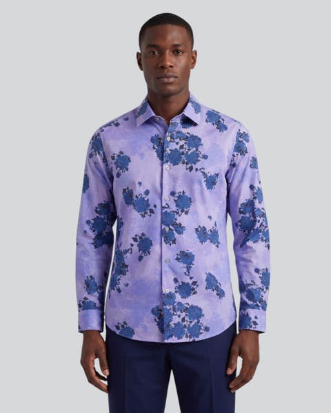 Spread Collar Stretch Cotton Long Sleeve Shirt