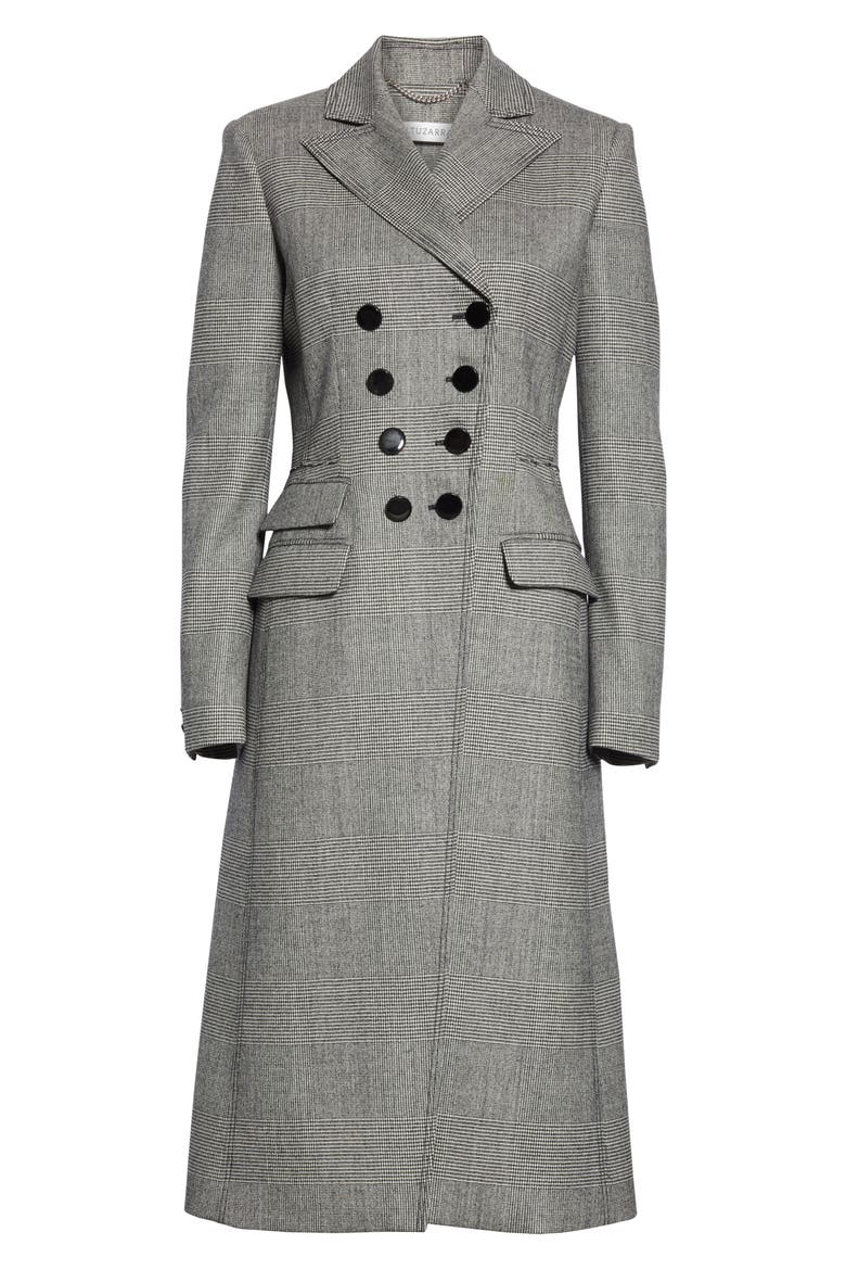 Glen Plaid Double Breasted Three-Quarter Coat, Alternate, color, BLACK/ WHITE