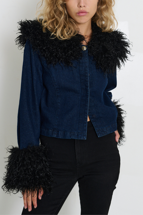 Tt Studios Kimmy Denim Faux Fur Jacket In Blue