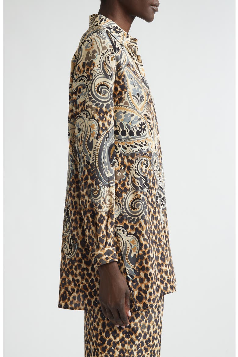 Paisley & Leopard Print Silk Tunic Button-Up Shirt, Alternate, color, BEIGE