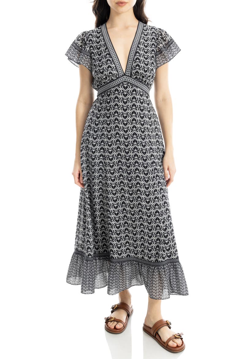 V-Neck Ruffle Sleeve Maxi Dress, Alternate, color, BLACK/ CREAM