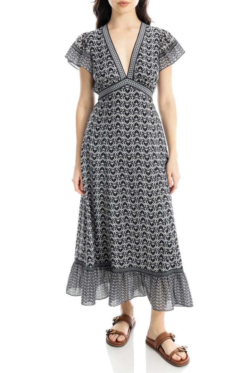 MAX STUDIO V-Neck Ruffle Sleeve Maxi Dress, Alternate, color, Black/ Cream