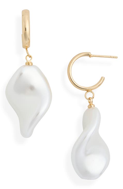 Imitation Pearl Drop Huggie Hoop Earrings