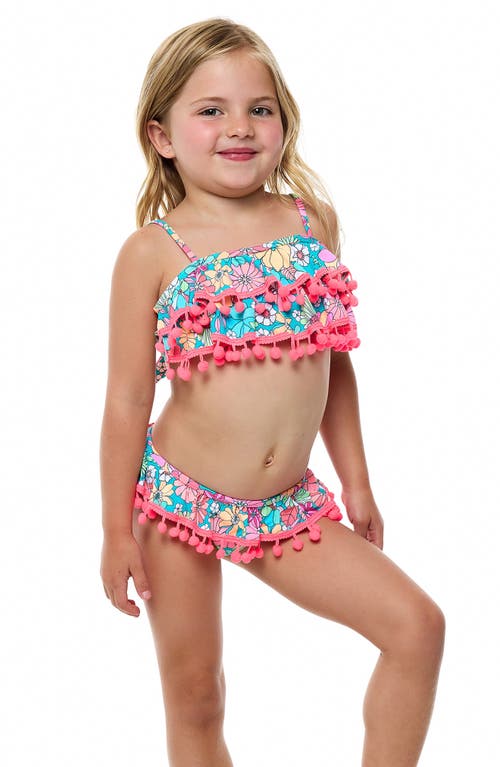 Beach Lingo Kids' Pom Trim Ruffle Two-piece Swimsuit In Pink Multi