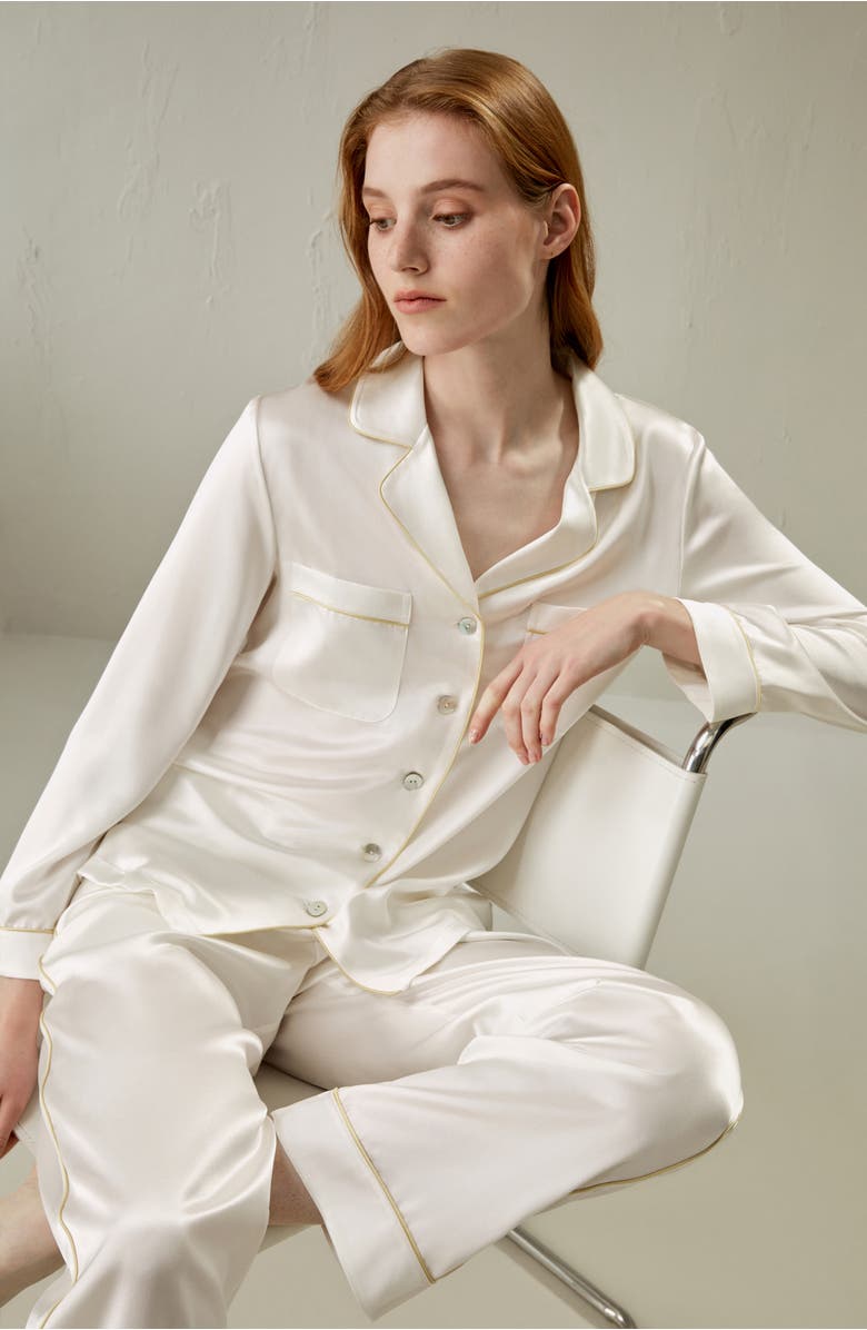 Lilysilk Gold Piping Silk Pajamas Set, Alternate, color, Natural White
