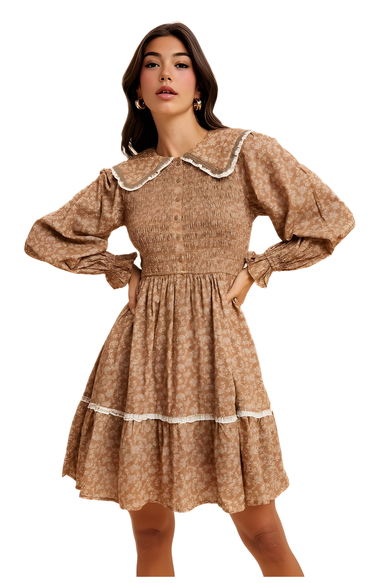 Knit and Lounge Floral Shirred Mini Dress with Lace Trim & Peter Pan Collar, Alternate, color, Brown Floral
