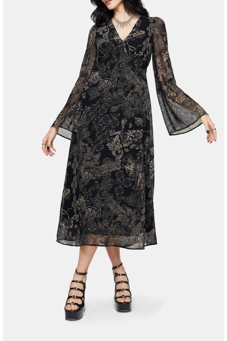 Surge Celtic Ruffle Neck Midi Dress, Alternate, color, Black