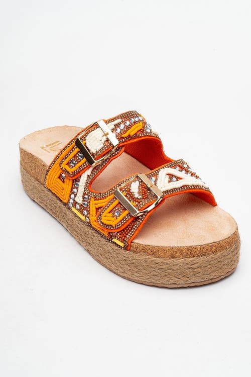 Prologue Shoes Bobby Beaded Straw Platform Slide Sandal In Orange