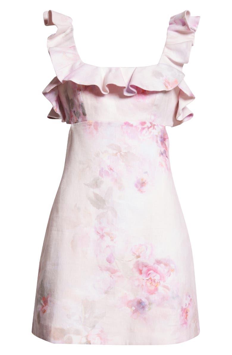 Zimmermann Print Ruffle Cutout Linen Minidress, Alternate, color, Pink Floral