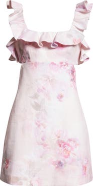 Zimmermann Print Ruffle Cutout Linen Minidress