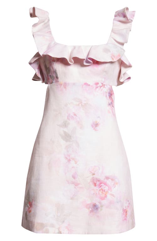 Shop Zimmermann Print Ruffle Cutout Linen Minidress In Pink Floral