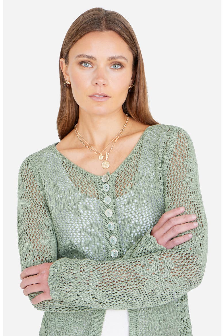 Flower Crochet Button Up Cardigan, Alternate, color, Sage Green