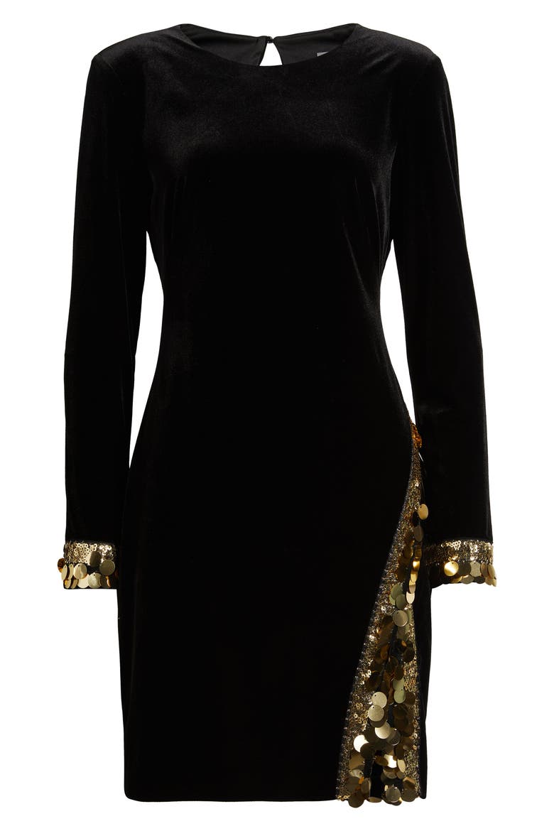 Paillette Detail Long Sleeve Velvet Cocktail Dress, Alternate, color, BLACK