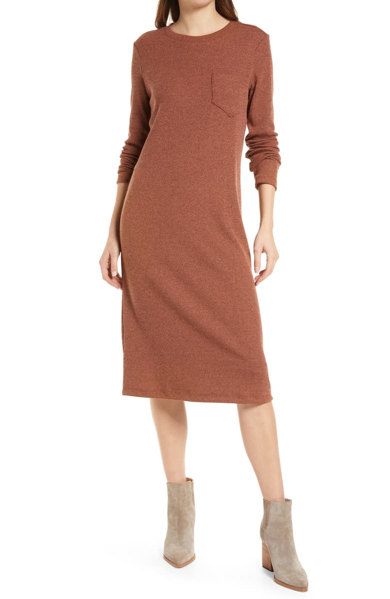 Madewell Long Sleeve Pocket Tee Dress, Alternate, color, Heather Warm Umber