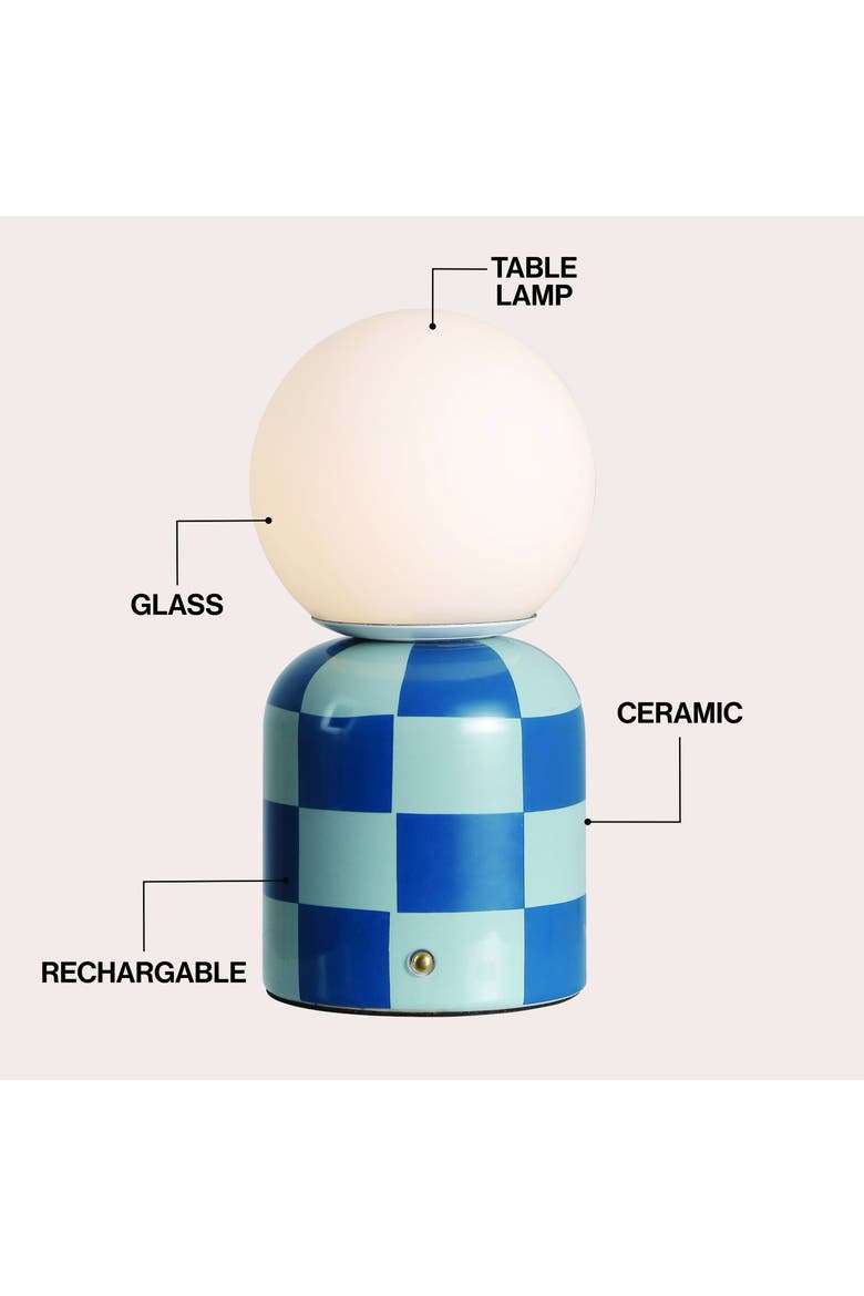 Zira Modern Checkerboard Ceramic Rechargeable Cordless Integrated Portable Dimmable with Frosted Globe Shade LED Table Lamp, Alternate, color, Light Blue/Dark Blue