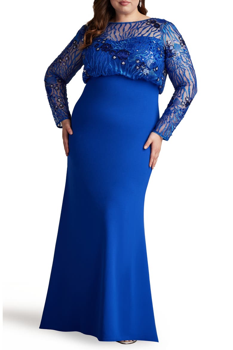 Sequin Blouson Bodice Long Sleeve Gown, Alternate, color, MYSTIC BLUE
