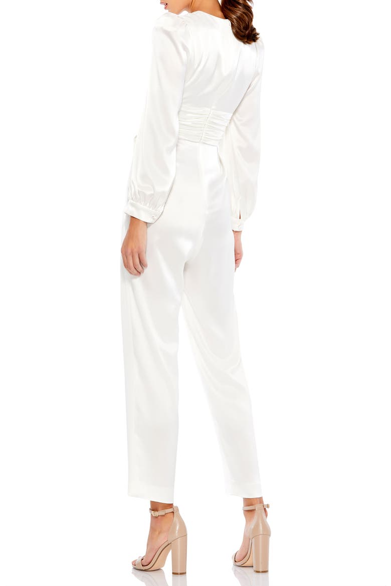 Satin Charmeuse Long-Sleeve Jumpsuit with Plunging Neckline & Ruched Waist, Alternate, color, White