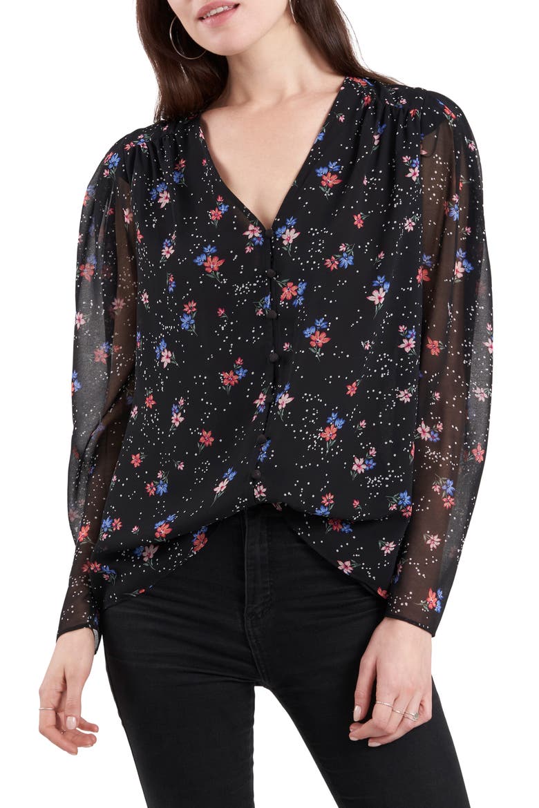 Printed Sheer Long Sleeve Blouse, Main, color, TRANQUIL GARDEN