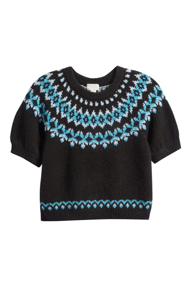 Fair Isle Short Sleeve Sweater, Alternate, color, BLACK- TEAL FAIRISLE