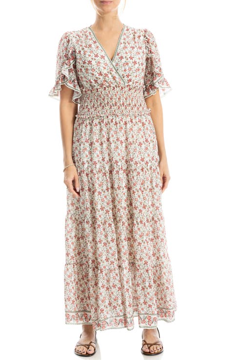 V-Neck Flutter Sleeve Smocked Waist Maxi Dress