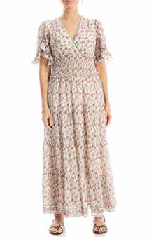 MAX STUDIO V-Neck Flutter Sleeve Smocked Waist Maxi Dress