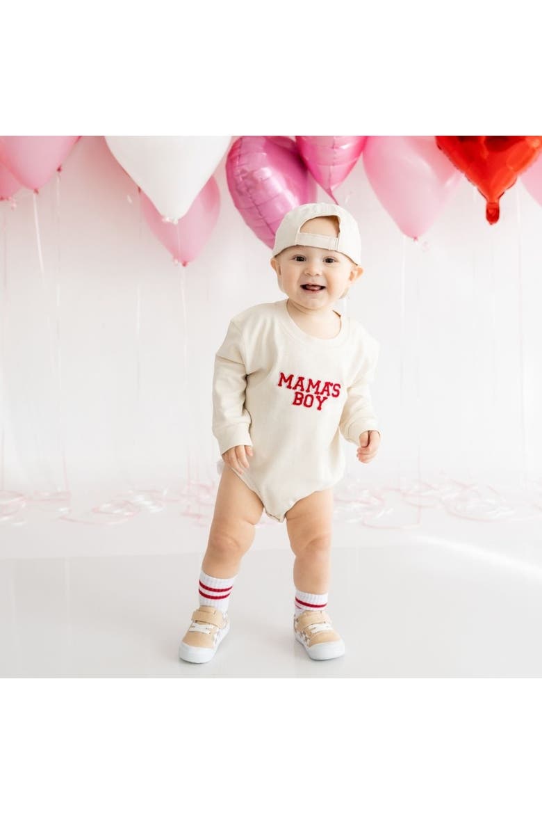 Mama's Boy Patch Long Sleeve Romper, Alternate, color, Natural