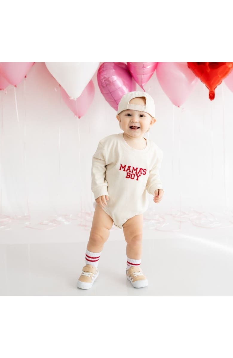 Sweet Wink Mama's Boy Patch Valentine's Day Long Sleeve Romper, Alternate, color, Natural
