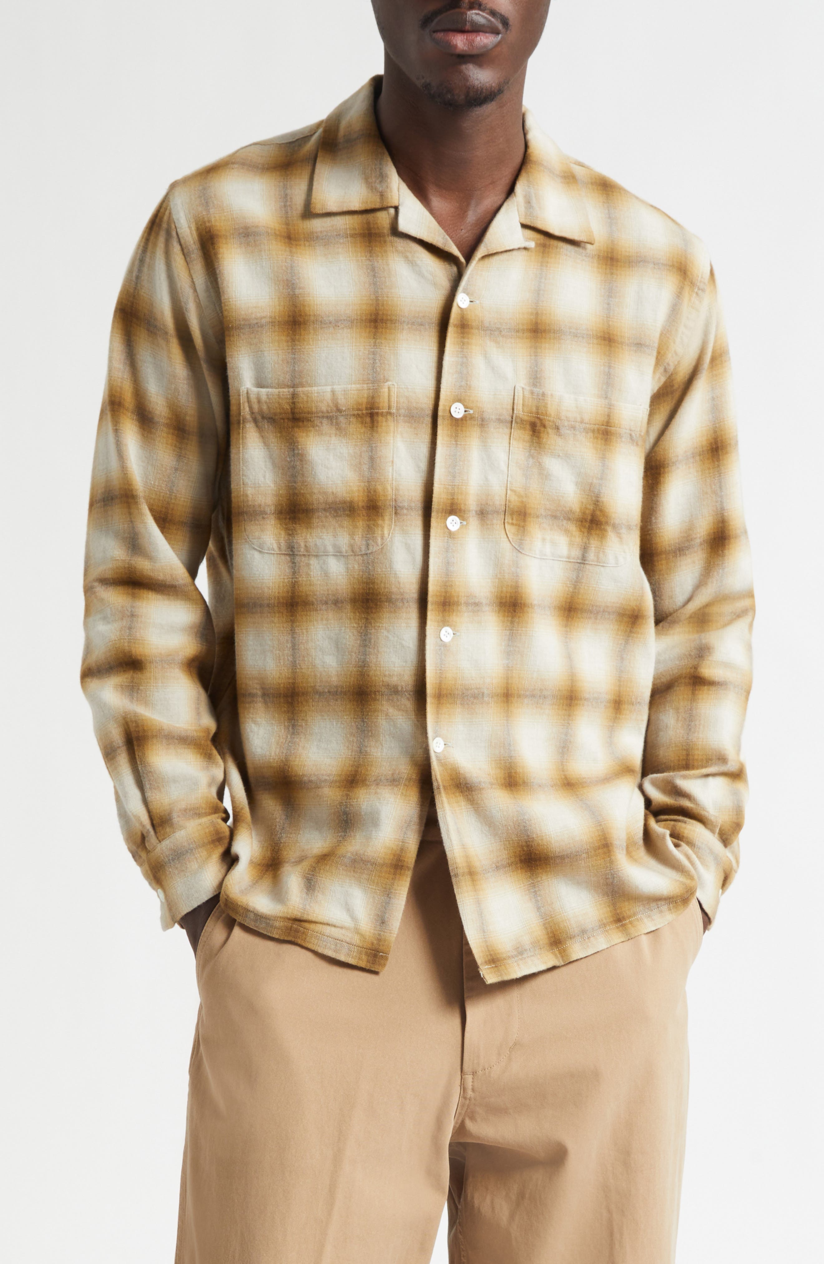 Open Collar Ombré Check Brushed Flannel Button-Up Shirt (Men