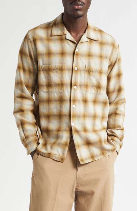 Open Collar Ombré Check Brushed Flannel Button-Up Shirt