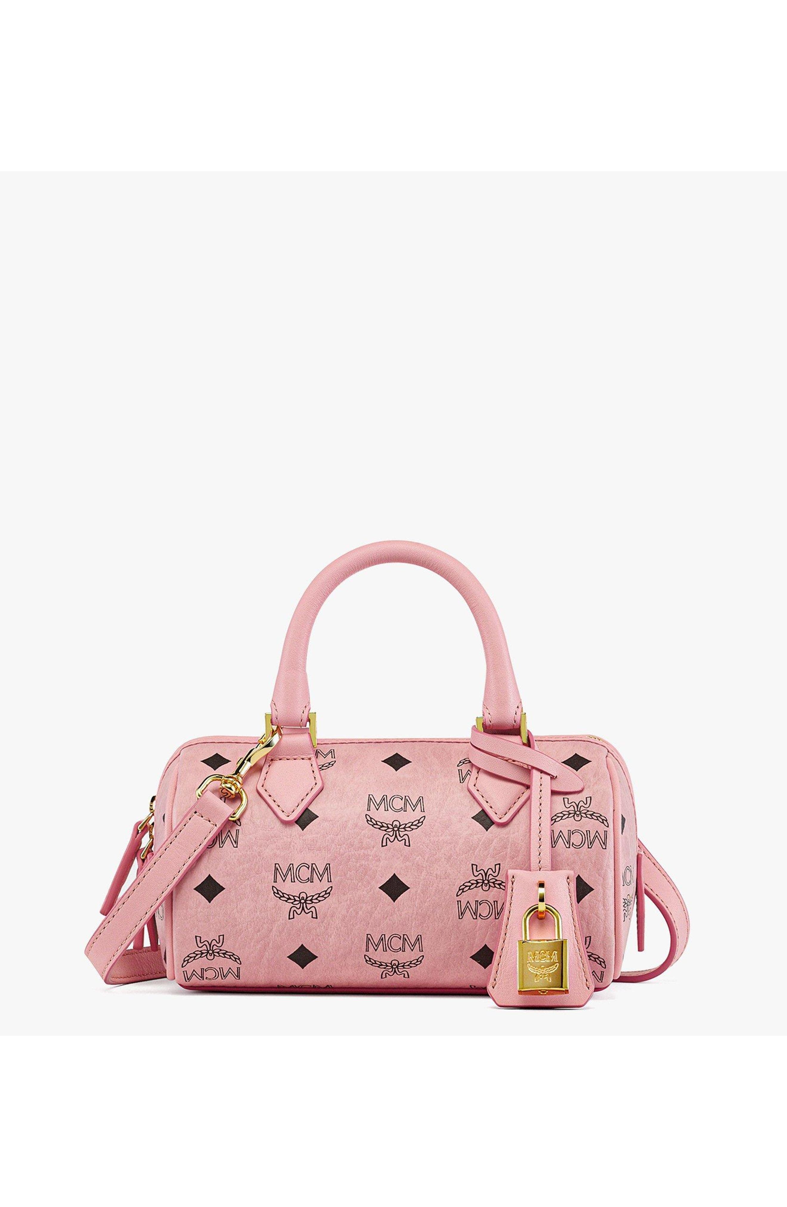 MCM Mini Ella Boston Bag in Visetos, Main, color, Soft Pink