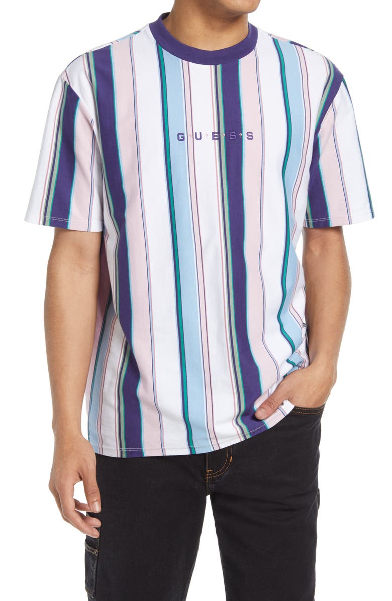 GUESS Men's Vertical Stripe Embroidered Logo T-Shirt, Main, color, 