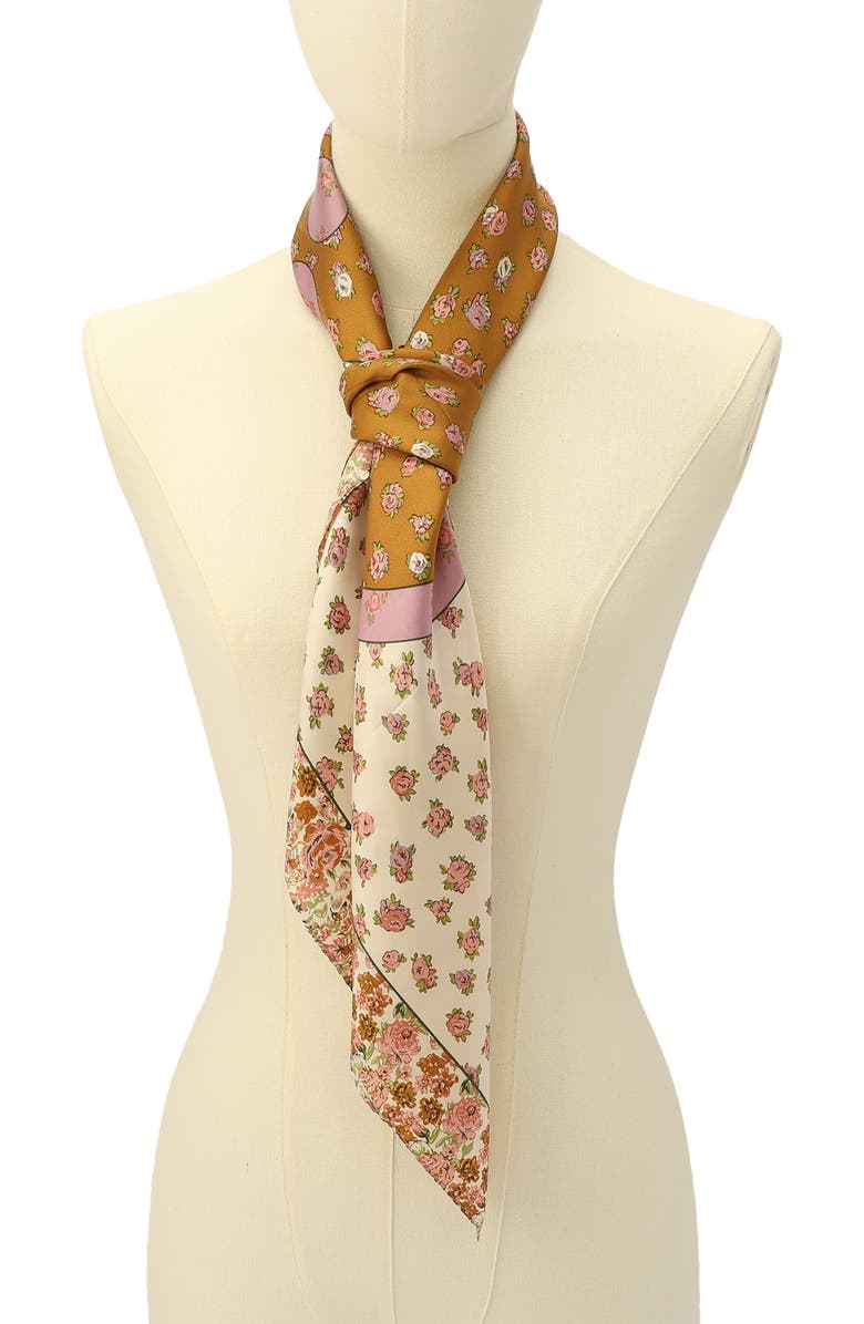 COACH Tea Rose Multi Floral Print Silk Square Scarf, Alternate, color, Honey Brown
