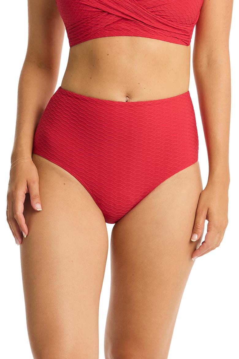 Honeycomb High Waist Bikini Bottoms, Main, color, RED