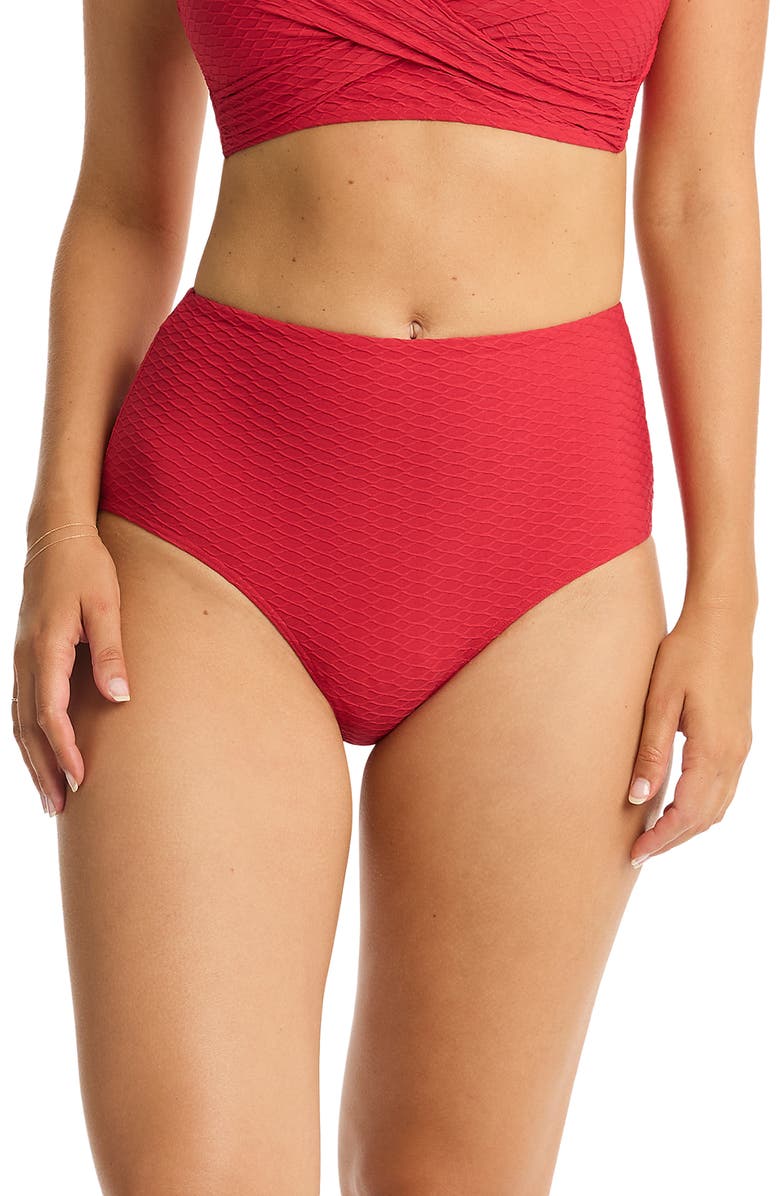 Sea Level Honeycomb High Waist Bikini Bottoms, Main, color, Red