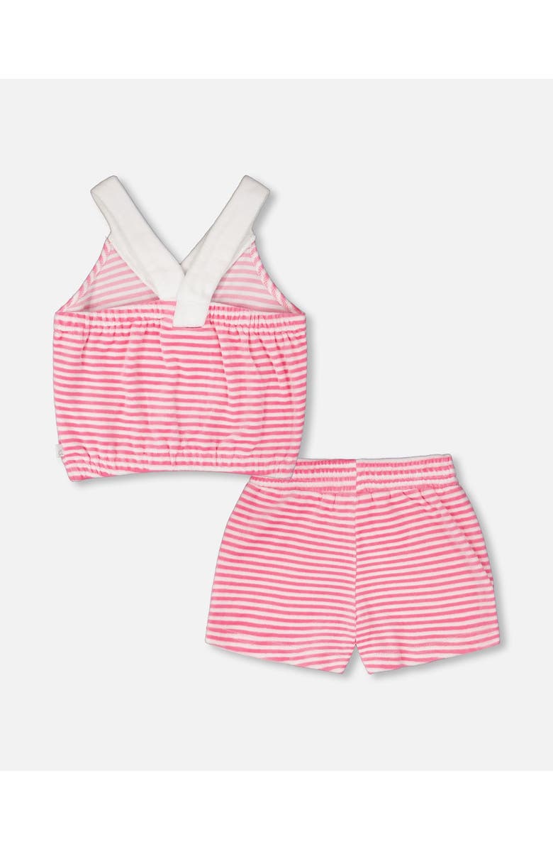 Deux par Deux Striped Terry Cloth Top and Short Set, Alternate, color, White With Pink Print