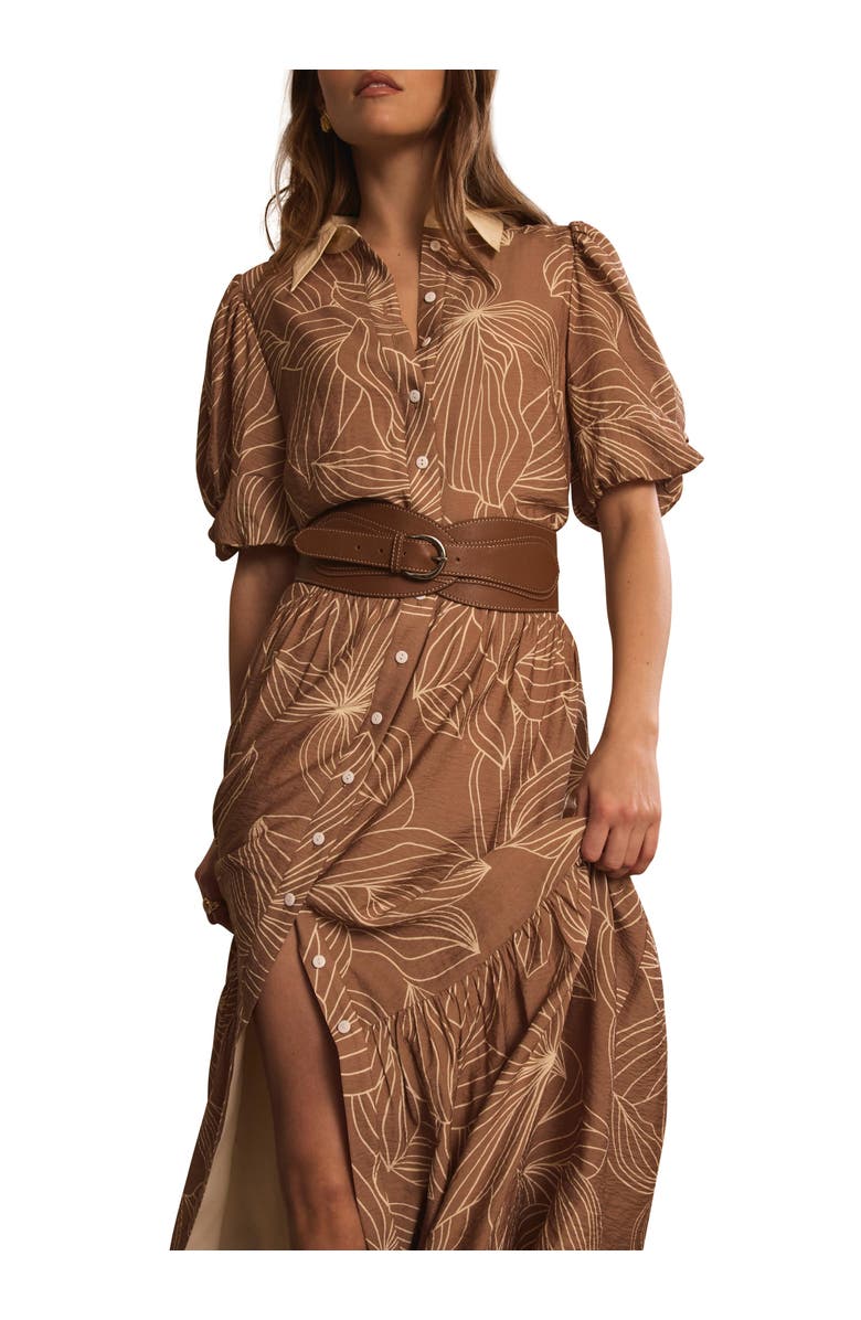 MINT VELVET Floral Print Maxi Shirt Dress with Puff sleeves, Alternate, color, Camel