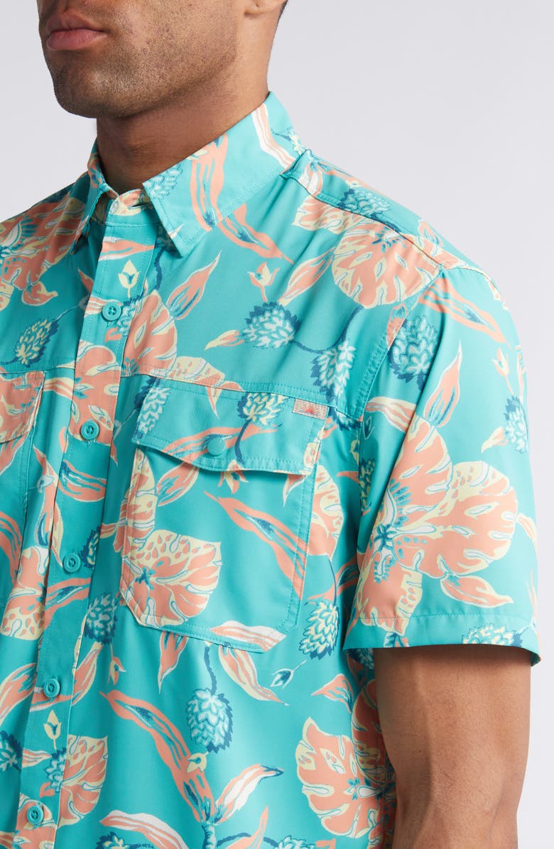 Faherty Shorelite Air Short Sleeve Performance Button-Up Shirt, Alternate, color, Teal Geranium Floral