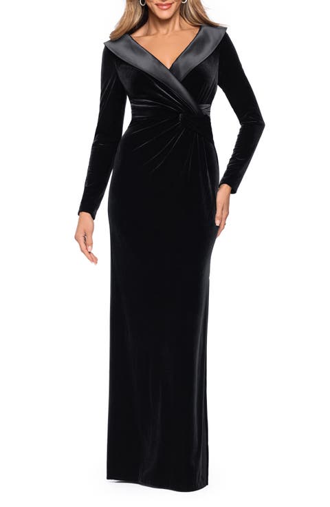 Satin Trim Velvet Column Gown