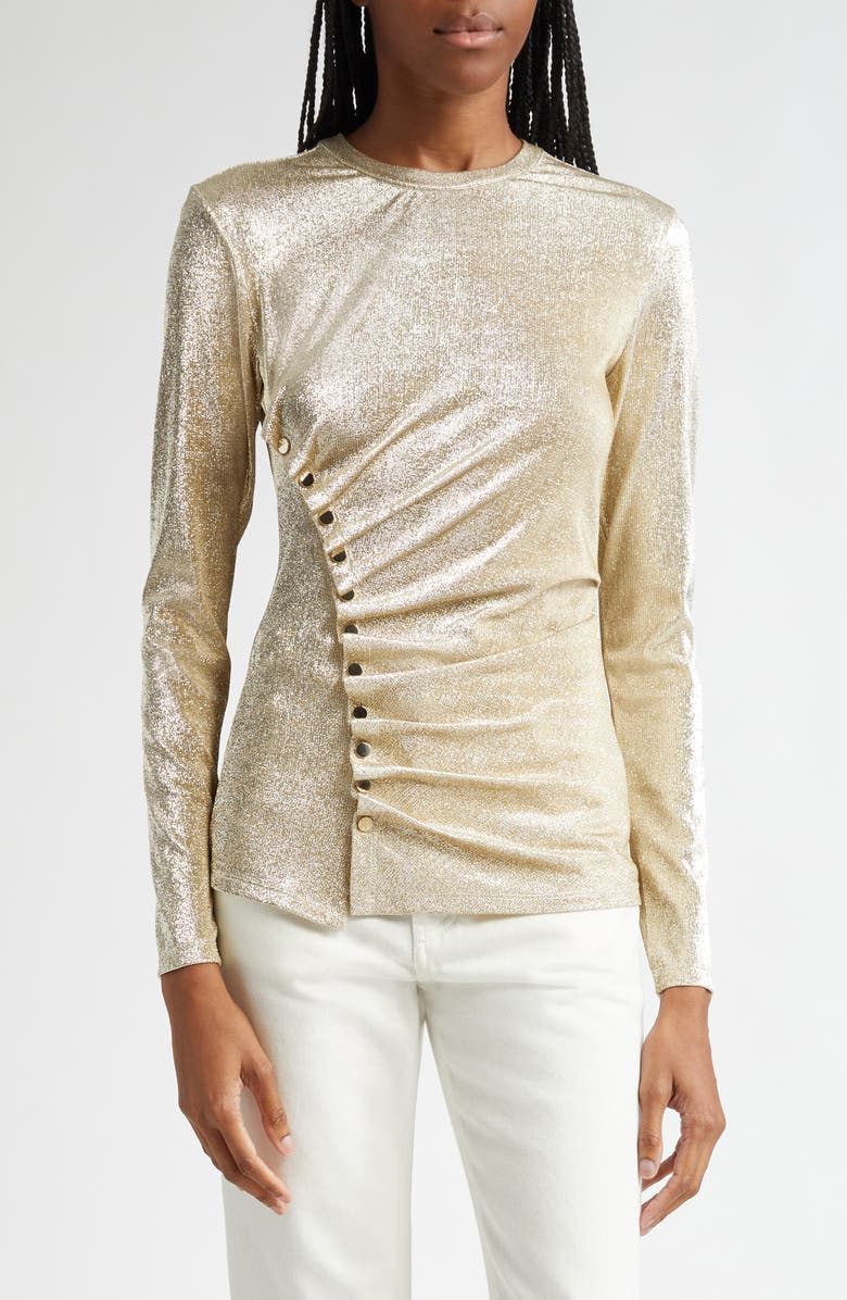 Rabanne Drapé Pression Long Sleeve Metallic Knit Top, Main, color,